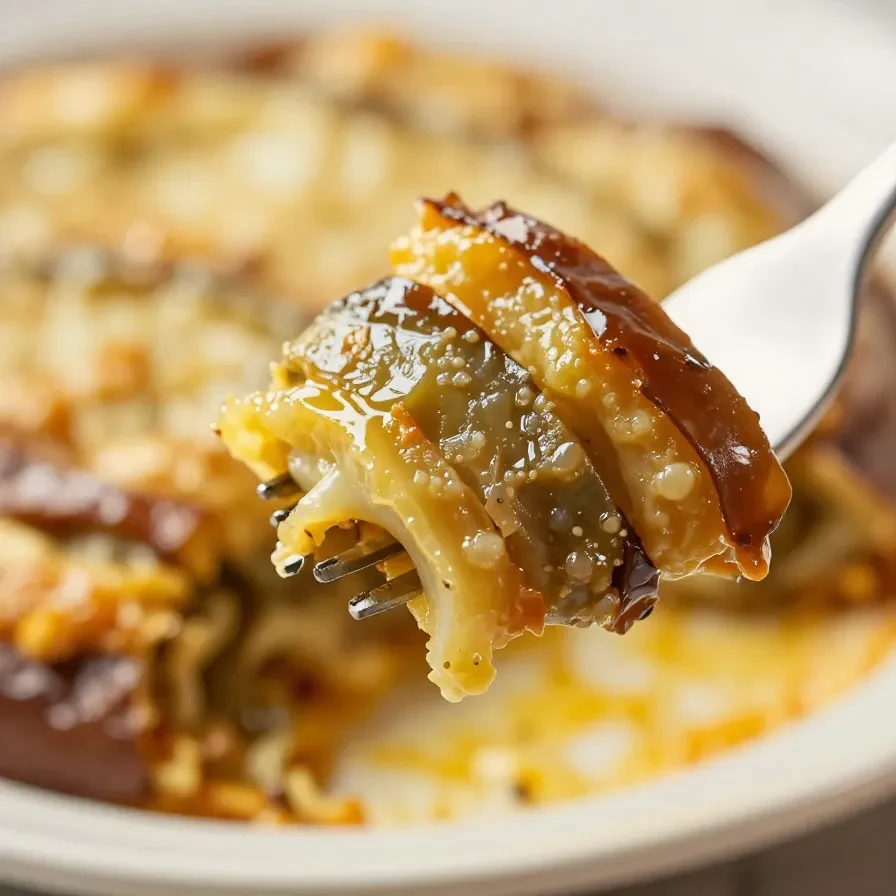 A traditional dish of Melanzane alla Parmigiana served in a white casserole dish, topped with melted cheese and fresh basil.