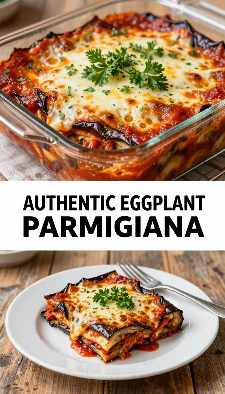 A traditional dish of Melanzane alla Parmigiana served in a white casserole dish, topped with melted cheese and fresh basil.