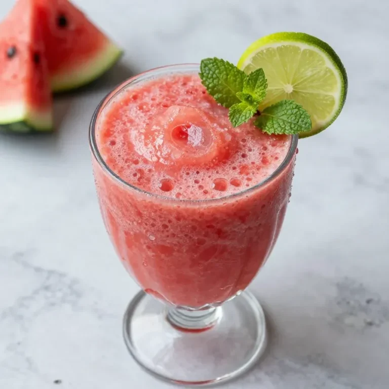 A refreshing watermelon smoothie served in a glass with a garnish of mint leaves.