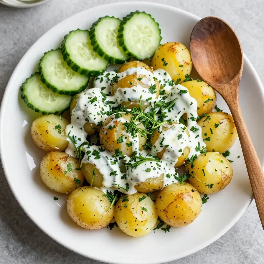 A vibrant bowl of roasted potato salad with fresh herbs and dressing.