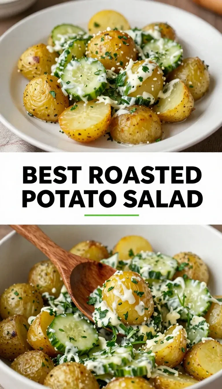 A vibrant bowl of roasted potato salad with fresh herbs and dressing.