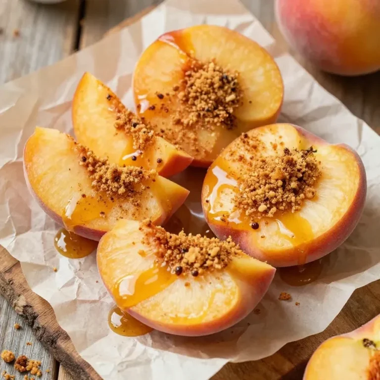 Close-up of peaches and cream crumble bars on a white plate.