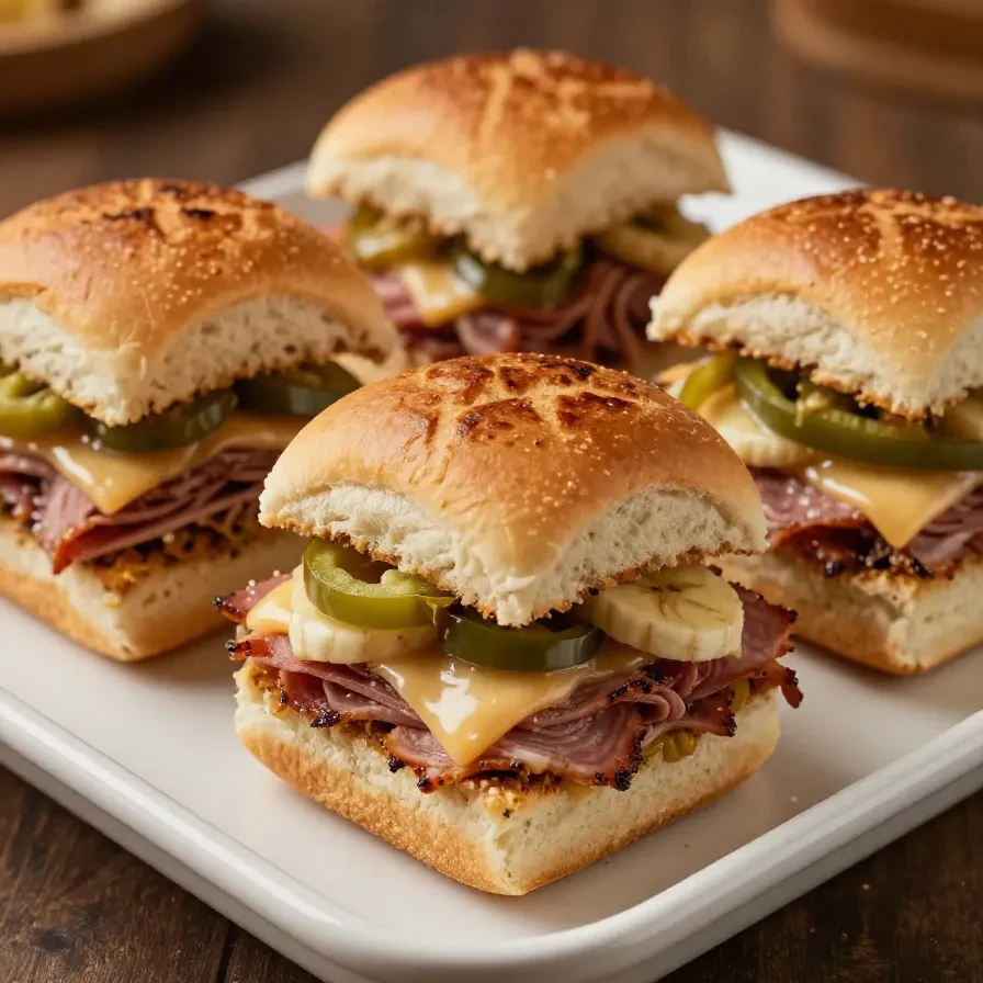 A plate of hot Italian sub sliders with melted cheese and fresh ingredients.