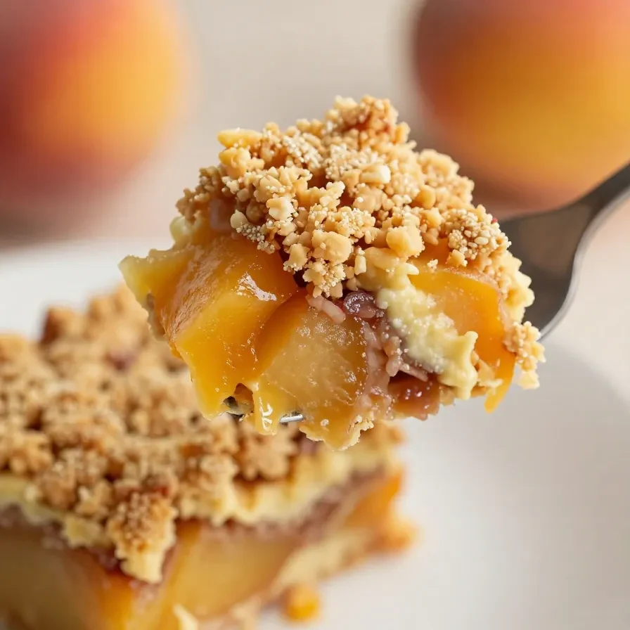 Close-up of peaches and cream crumble bars on a white plate.