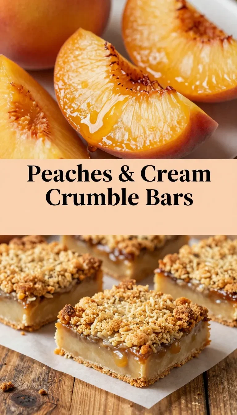 Close-up of peaches and cream crumble bars on a white plate.