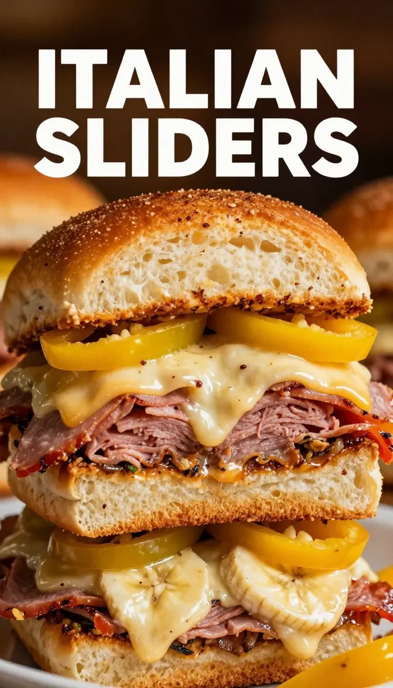 A plate of hot Italian sub sliders with melted cheese and fresh ingredients.