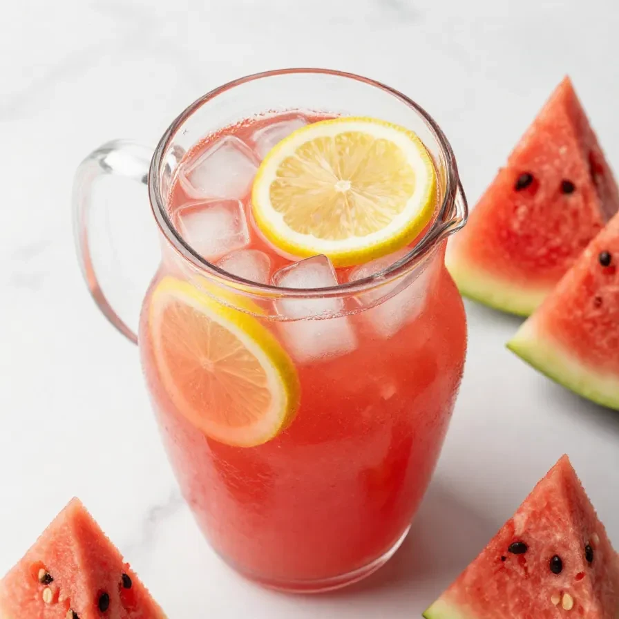 Glass of homemade watermelon lemonade with fresh lemon slices and mint leaves on a wooden table.