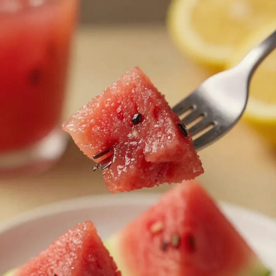 Glass of homemade watermelon lemonade with fresh lemon slices and mint leaves on a wooden table.