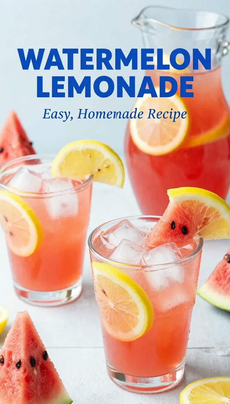 Glass of homemade watermelon lemonade with fresh lemon slices and mint leaves on a wooden table.
