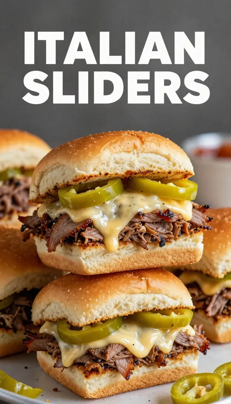Close-up of hot Italian sub sliders with melted cheese and fresh toppings.