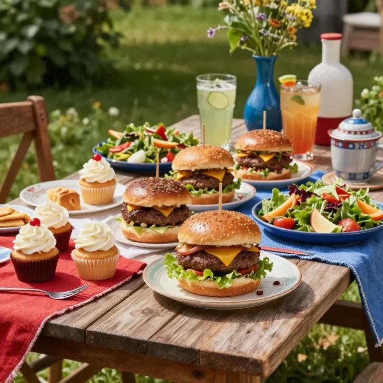 A festive Labor Day barbecue spread with grilled meats, refreshing drinks, and colorful desserts on a picnic table.