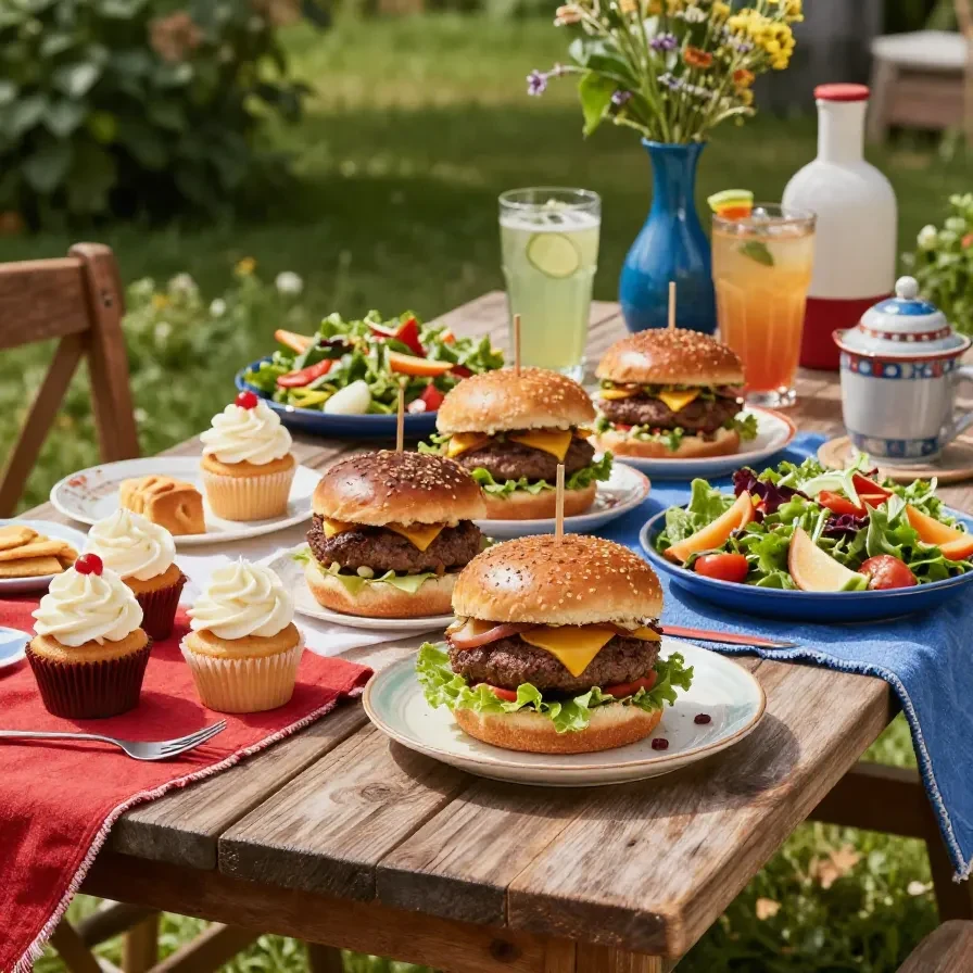 A festive Labor Day barbecue spread with grilled meats, refreshing drinks, and colorful desserts on a picnic table.