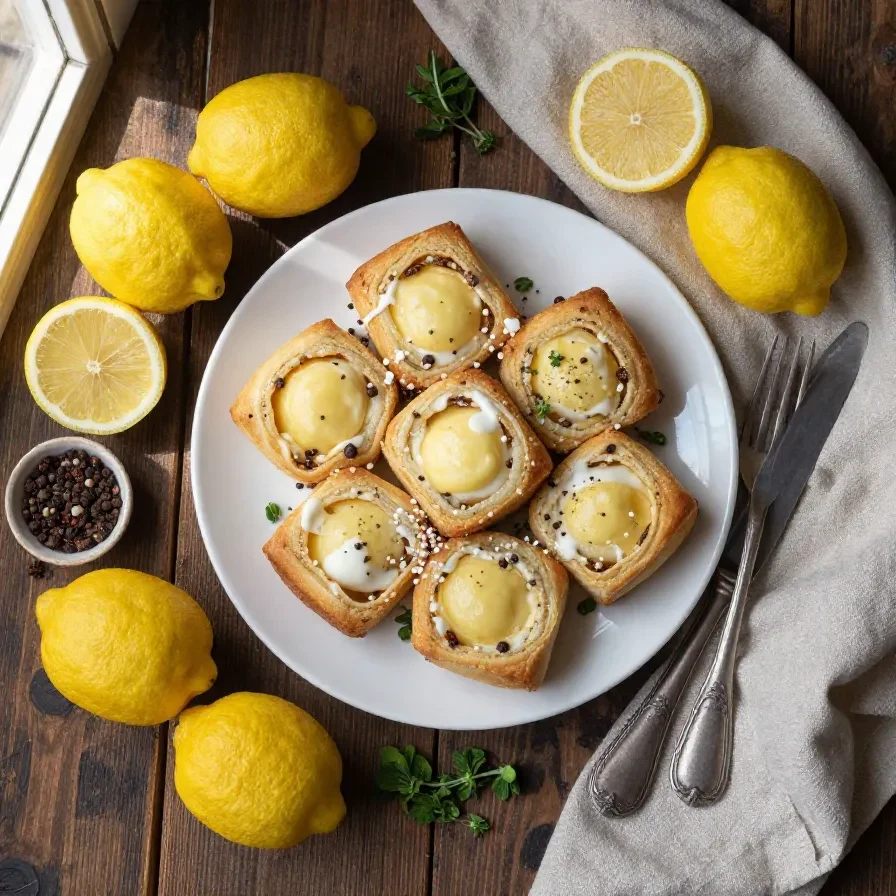 Freshly baked lemon rolls topped with a tangy lemon glaze on a wooden table.