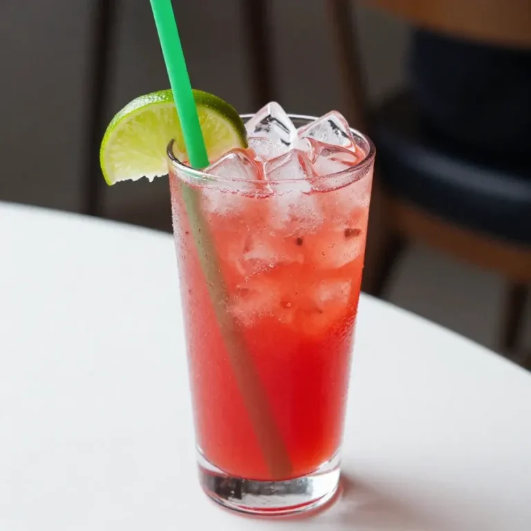 A refreshing glass of watermelon soda with a lime twist, garnished with fresh mint leaves.