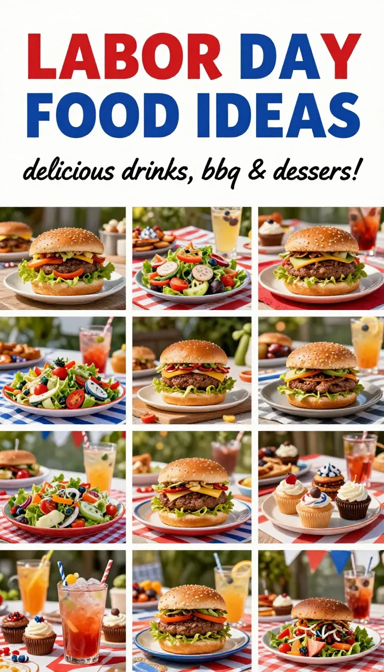 A festive Labor Day barbecue spread with grilled meats, refreshing drinks, and colorful desserts on a picnic table.