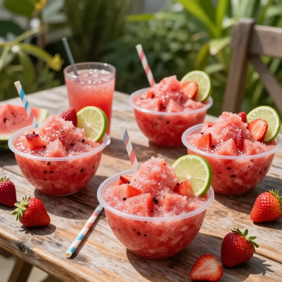 A glass of vibrant red watermelon slushie garnished with fresh mint leaves.