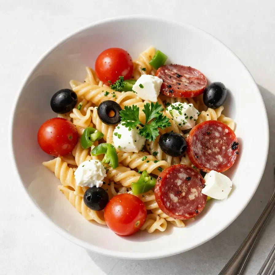 A bowl of colorful Italian pasta salad with fresh vegetables and herbs.