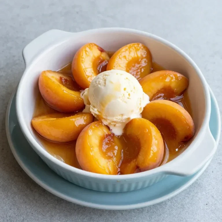 Freshly baked peaches served on a white plate with a sprinkle of cinnamon.