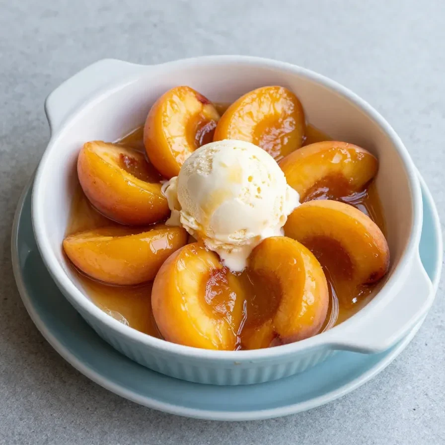 Freshly baked peaches served on a white plate with a sprinkle of cinnamon.
