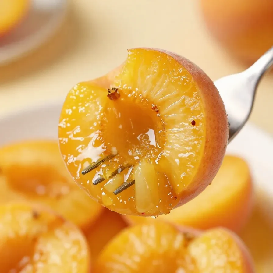 Freshly baked peaches served on a white plate with a sprinkle of cinnamon.