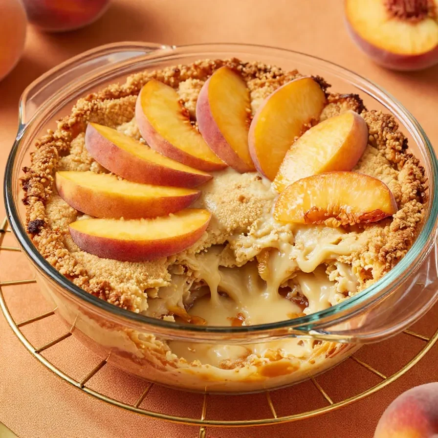 A freshly baked peaches and cream pie with a golden crust and creamy filling on a wooden table.