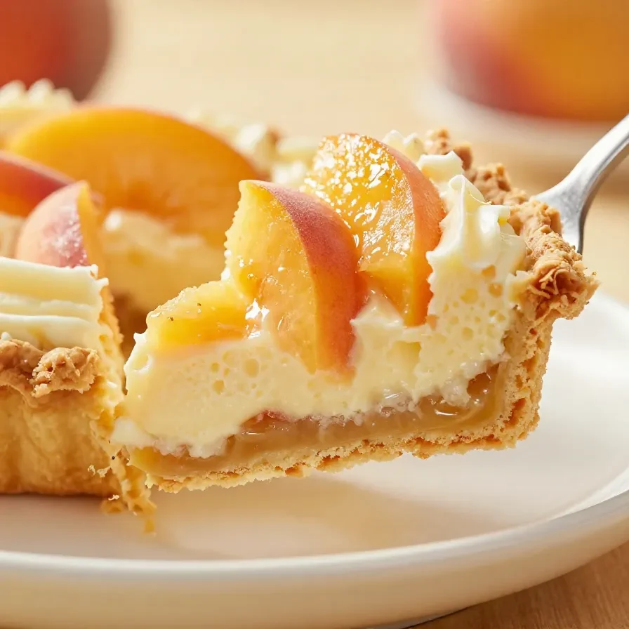 A freshly baked peaches and cream pie with a golden crust and creamy filling on a wooden table.