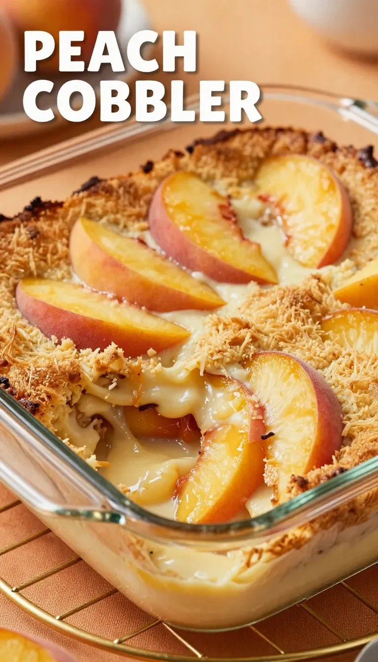 A freshly baked peaches and cream pie with a golden crust and creamy filling on a wooden table.
