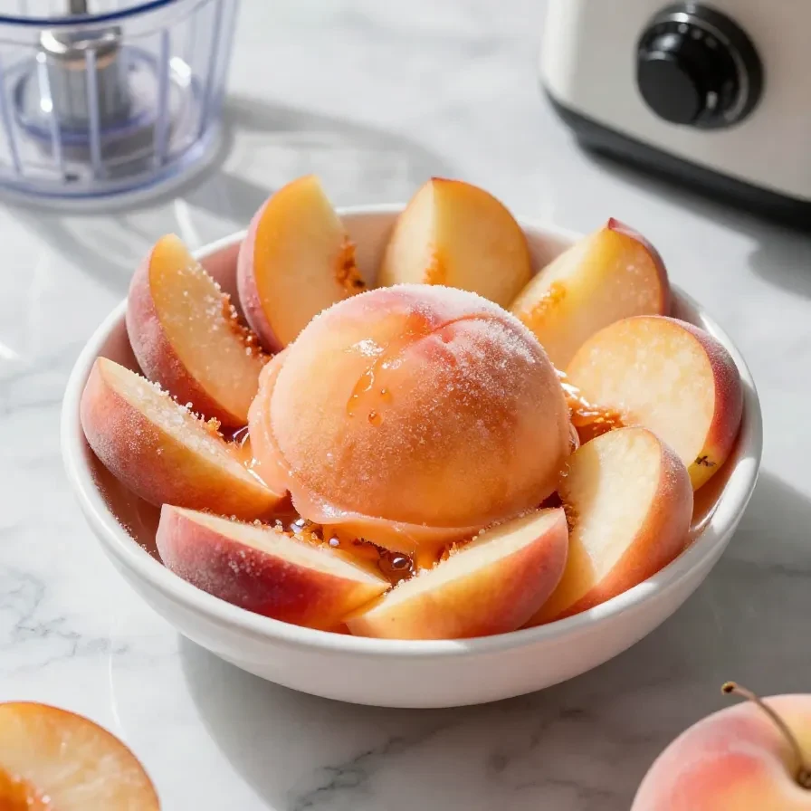 A bowl of homemade peach sorbet served with fresh peach slices.