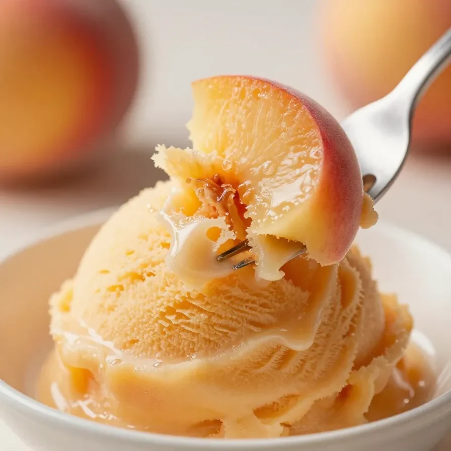 A bowl of homemade peach sorbet served with fresh peach slices.