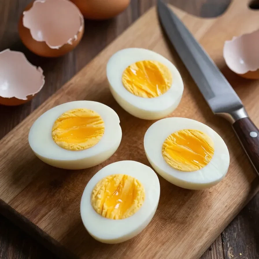 Close-up of perfectly cooked eggs made in an air fryer on a white plate.