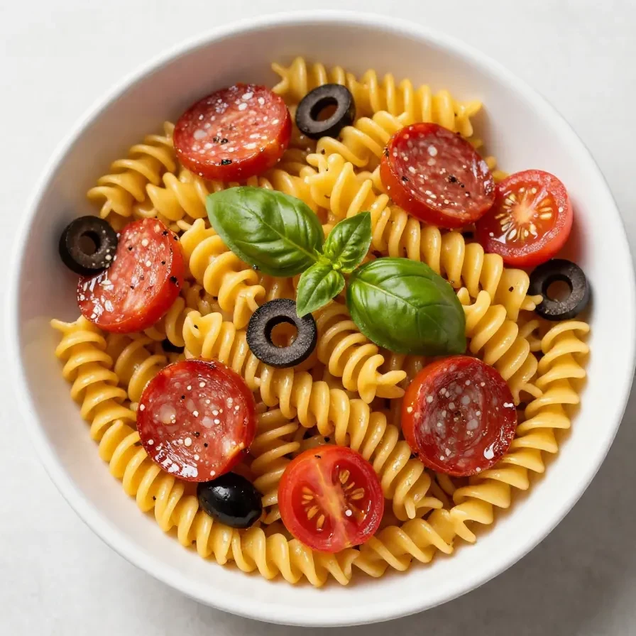 A vibrant Labor Day pesto pizza pasta salad served in a large bowl with fresh basil garnish.