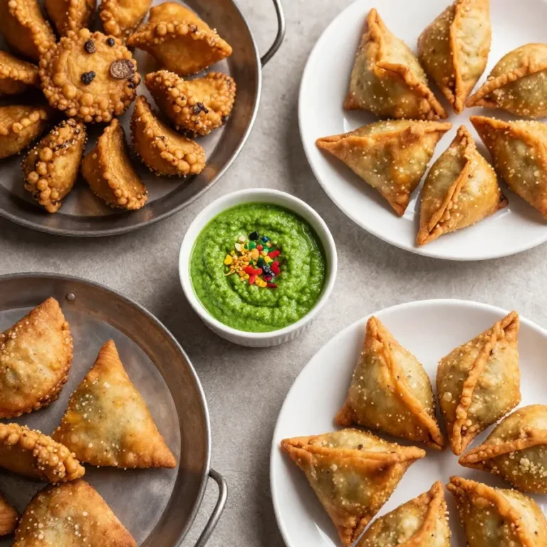 A variety of Indian party snacks served on a table, including samosas, pakoras, and chutneys.
