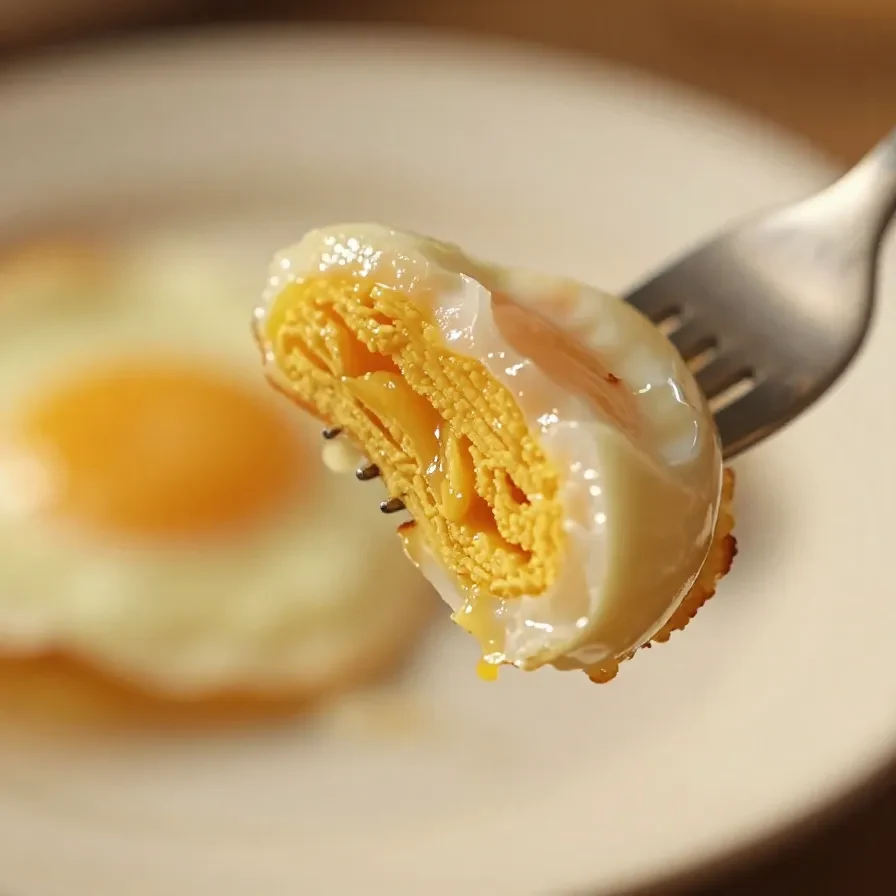 Close-up of perfectly cooked eggs made in an air fryer on a white plate.