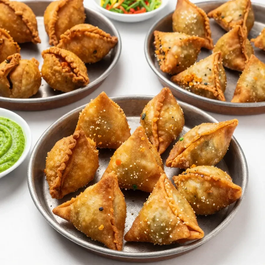 A variety of Indian party snacks served on a table, including samosas, pakoras, and chutneys.