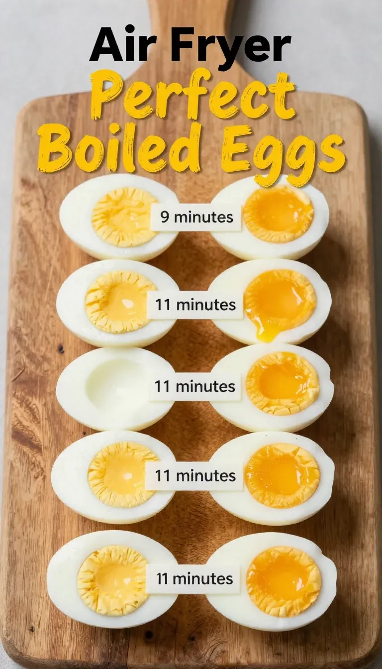 Close-up of perfectly cooked eggs made in an air fryer on a white plate.