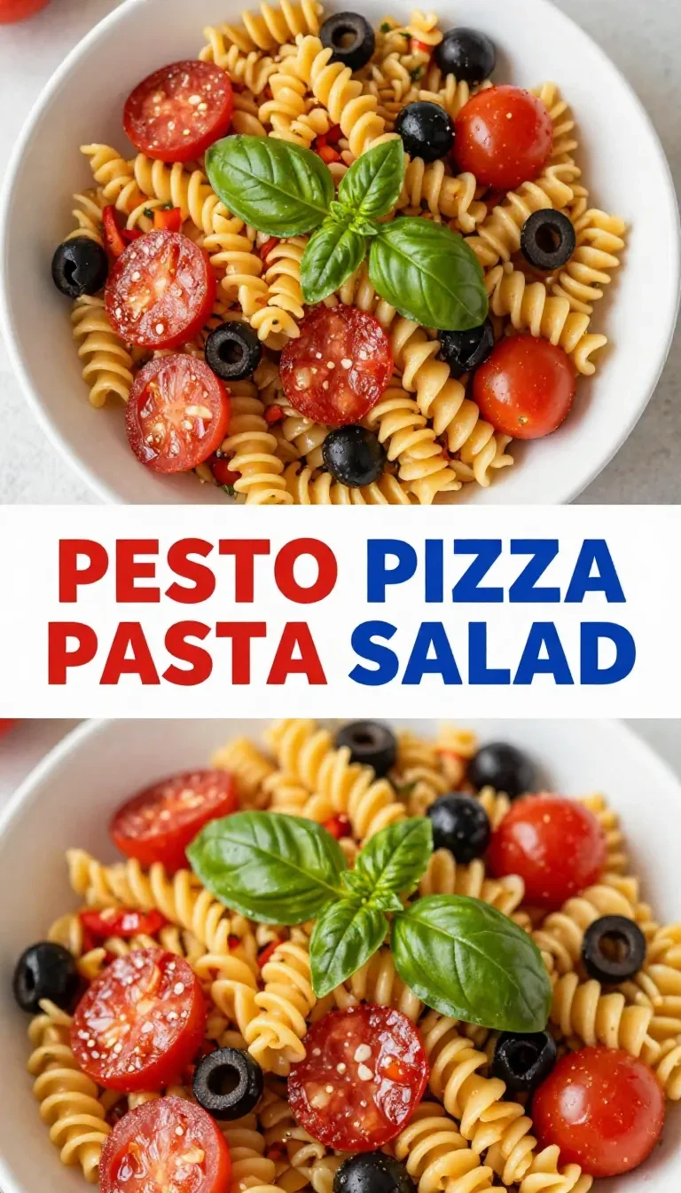 A vibrant Labor Day pesto pizza pasta salad served in a large bowl with fresh basil garnish.