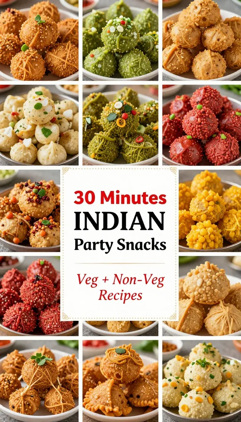 A variety of Indian party snacks served on a table, including samosas, pakoras, and chutneys.