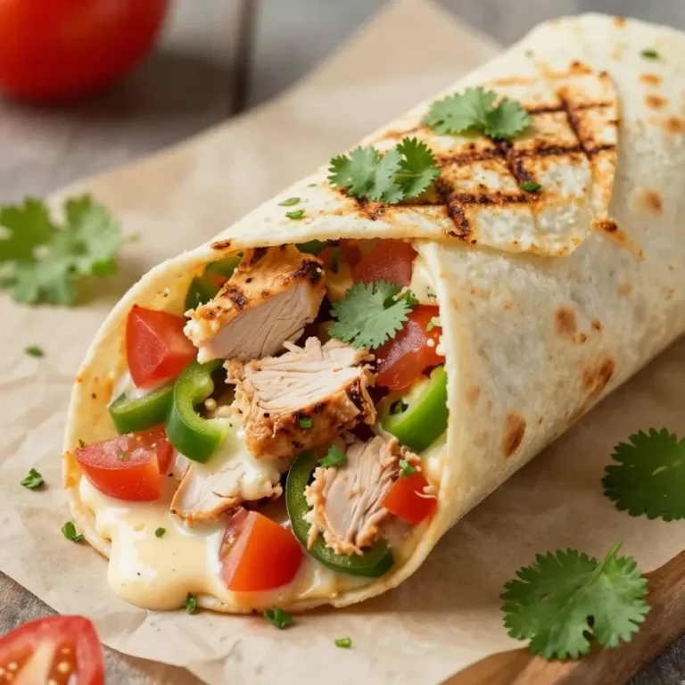 Grilled chicken burrito filled with chipotle ranch sauce and fresh ingredients on a plate.