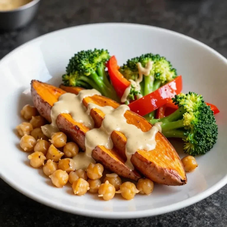 A colorful roasted veggie bowl with quinoa, broccoli, carrots, and bell peppers, served in a white ceramic dish.