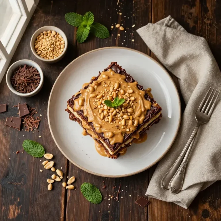 Layered peanut butter lasagna dessert topped with chocolate drizzle and crushed peanuts.