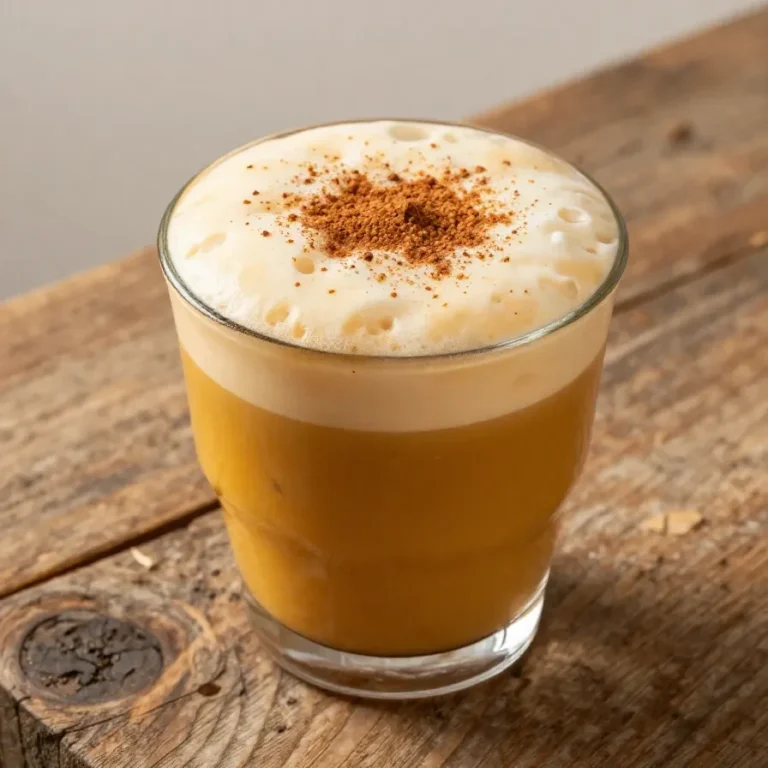 A glass of pumpkin cream cold brew topped with creamy foam and a sprinkle of cinnamon.