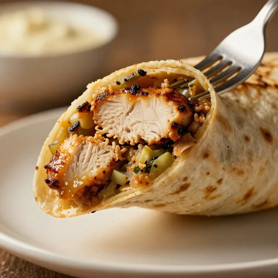 Grilled chicken burrito filled with chipotle ranch sauce and fresh ingredients on a plate.