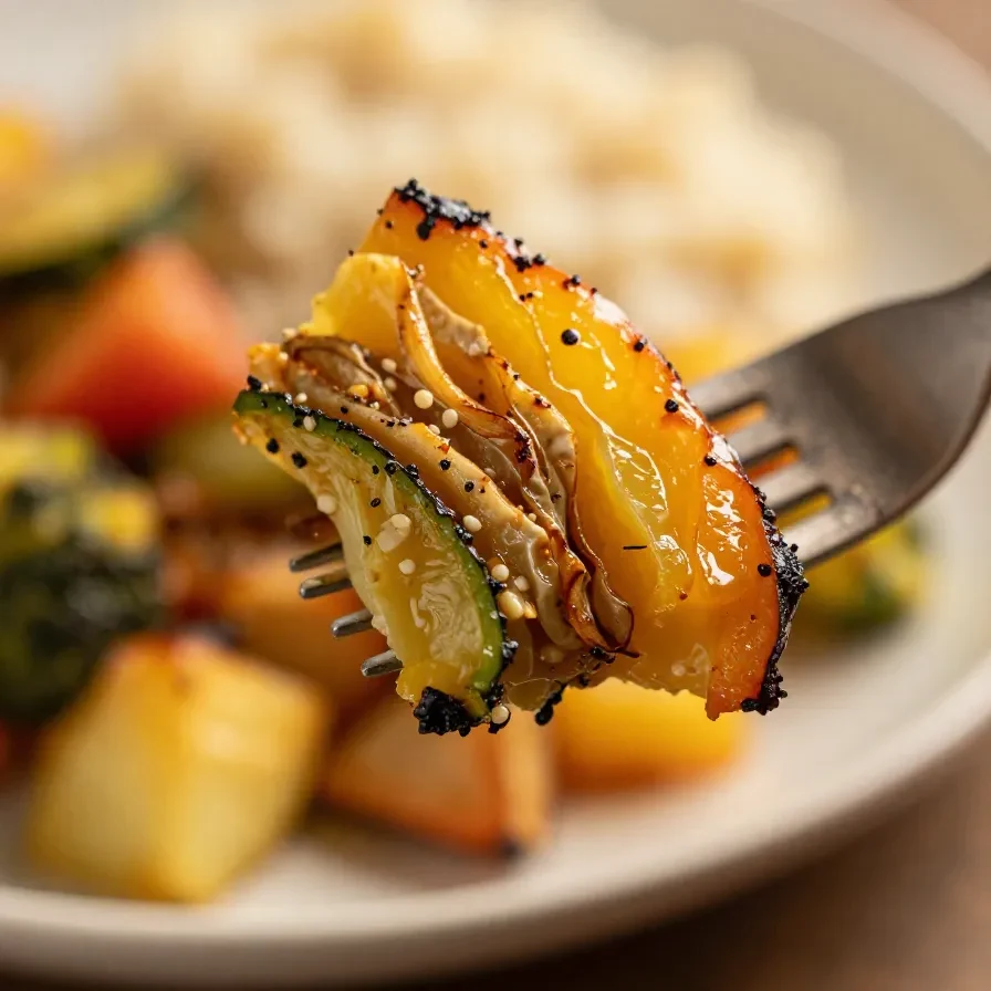 A colorful roasted veggie bowl with quinoa, broccoli, carrots, and bell peppers, served in a white ceramic dish.