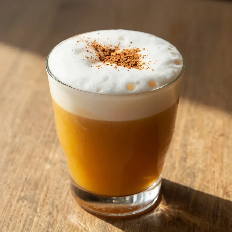 A glass of pumpkin cream cold brew topped with creamy foam and a sprinkle of cinnamon.