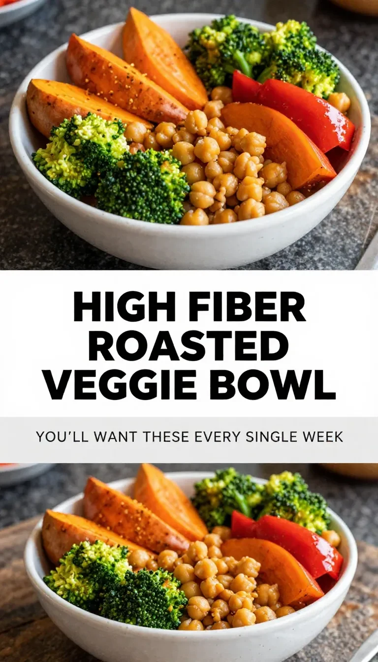 A colorful roasted veggie bowl with quinoa, broccoli, carrots, and bell peppers, served in a white ceramic dish.
