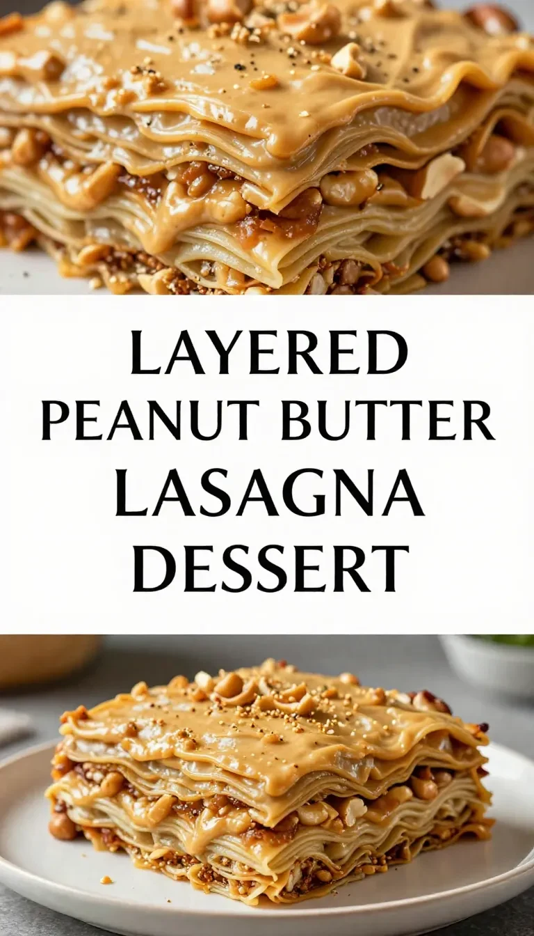 Layered peanut butter lasagna dessert topped with chocolate drizzle and crushed peanuts.