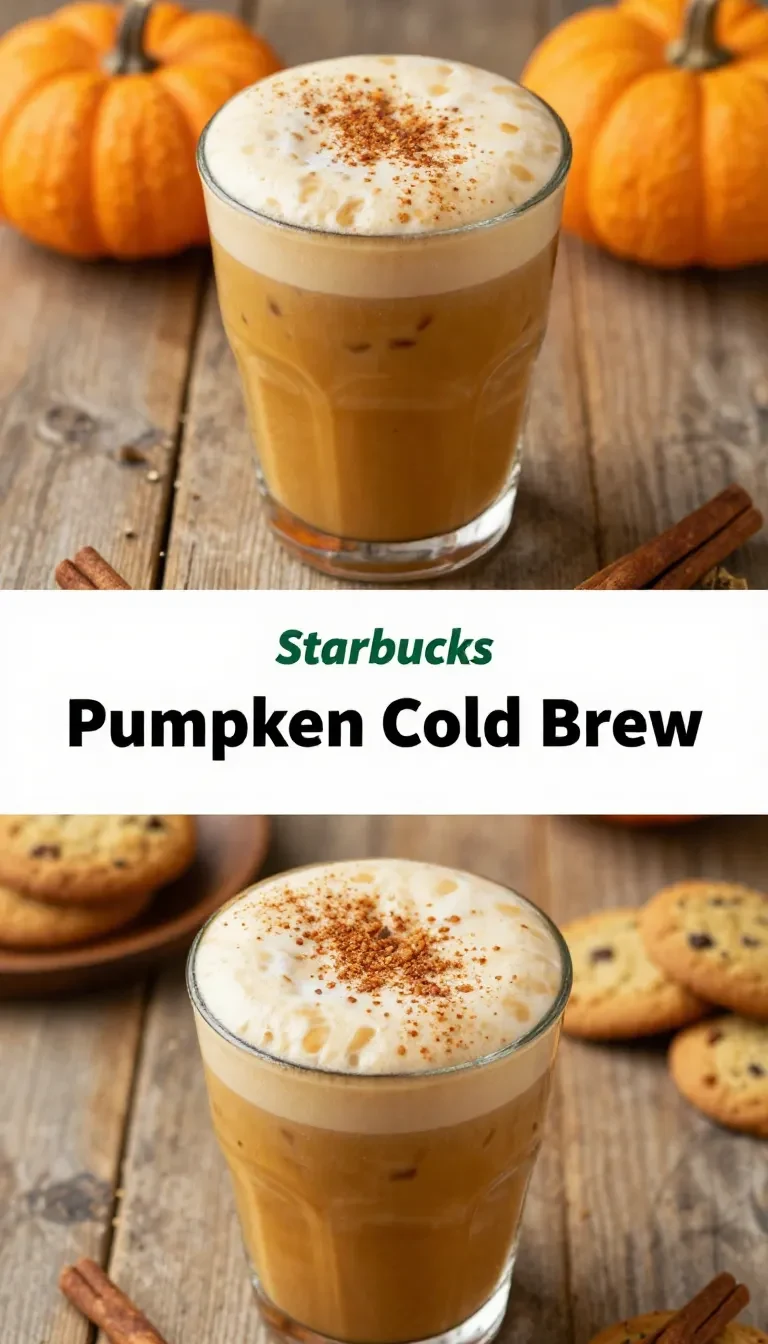 A glass of pumpkin cream cold brew topped with creamy foam and a sprinkle of cinnamon.