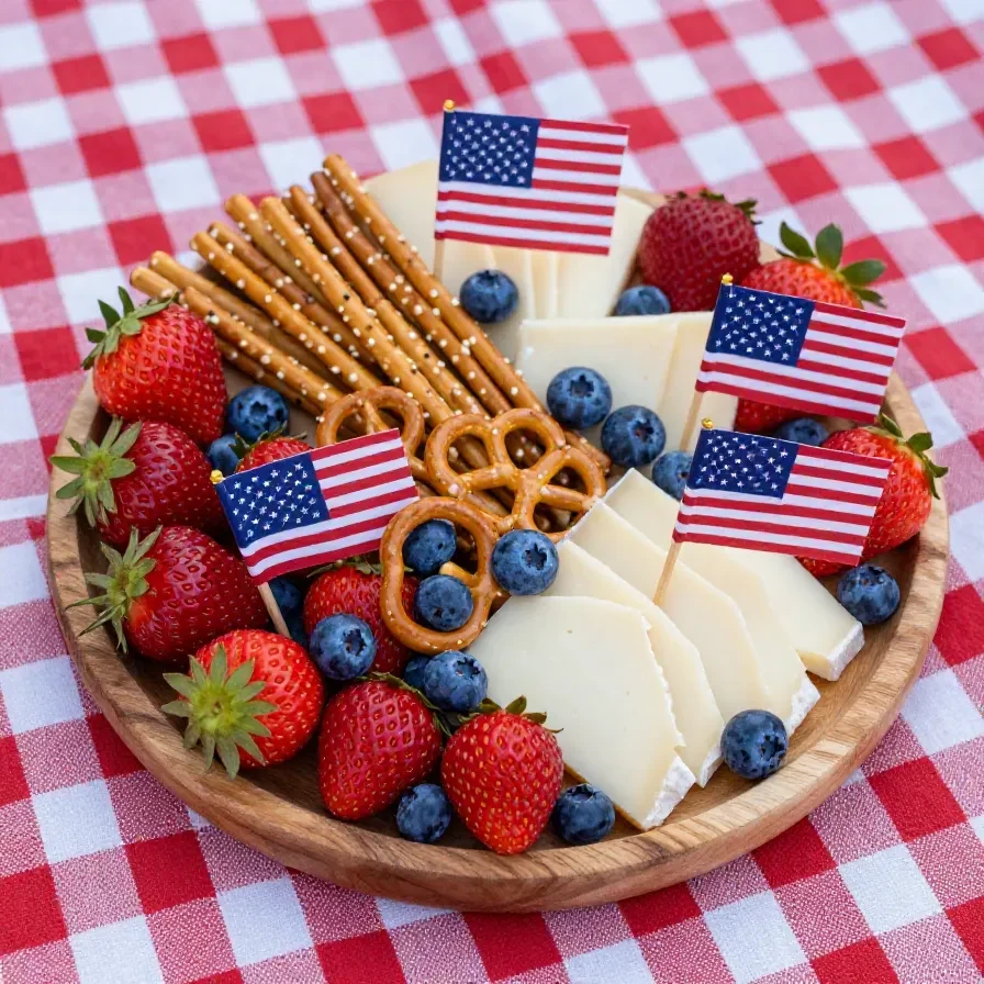 A festive spread of Fourth of July appetizer cups with red, white, and blue fruit toppings.