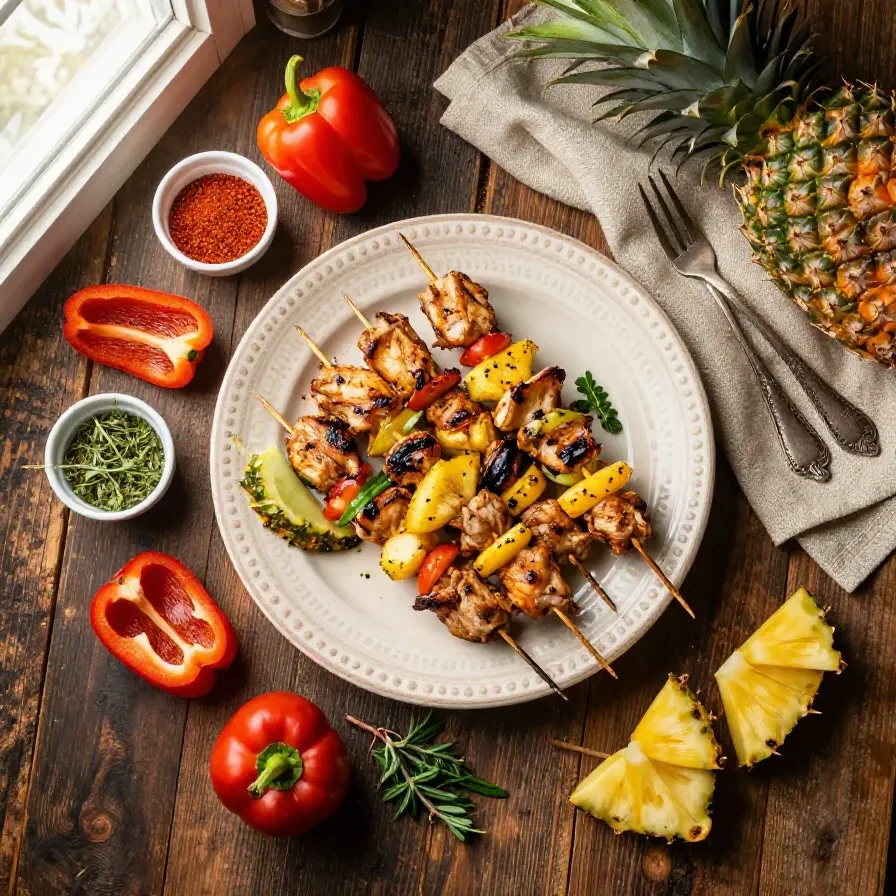Grilled chicken and pineapple kabobs served on a white plate with fresh herbs.