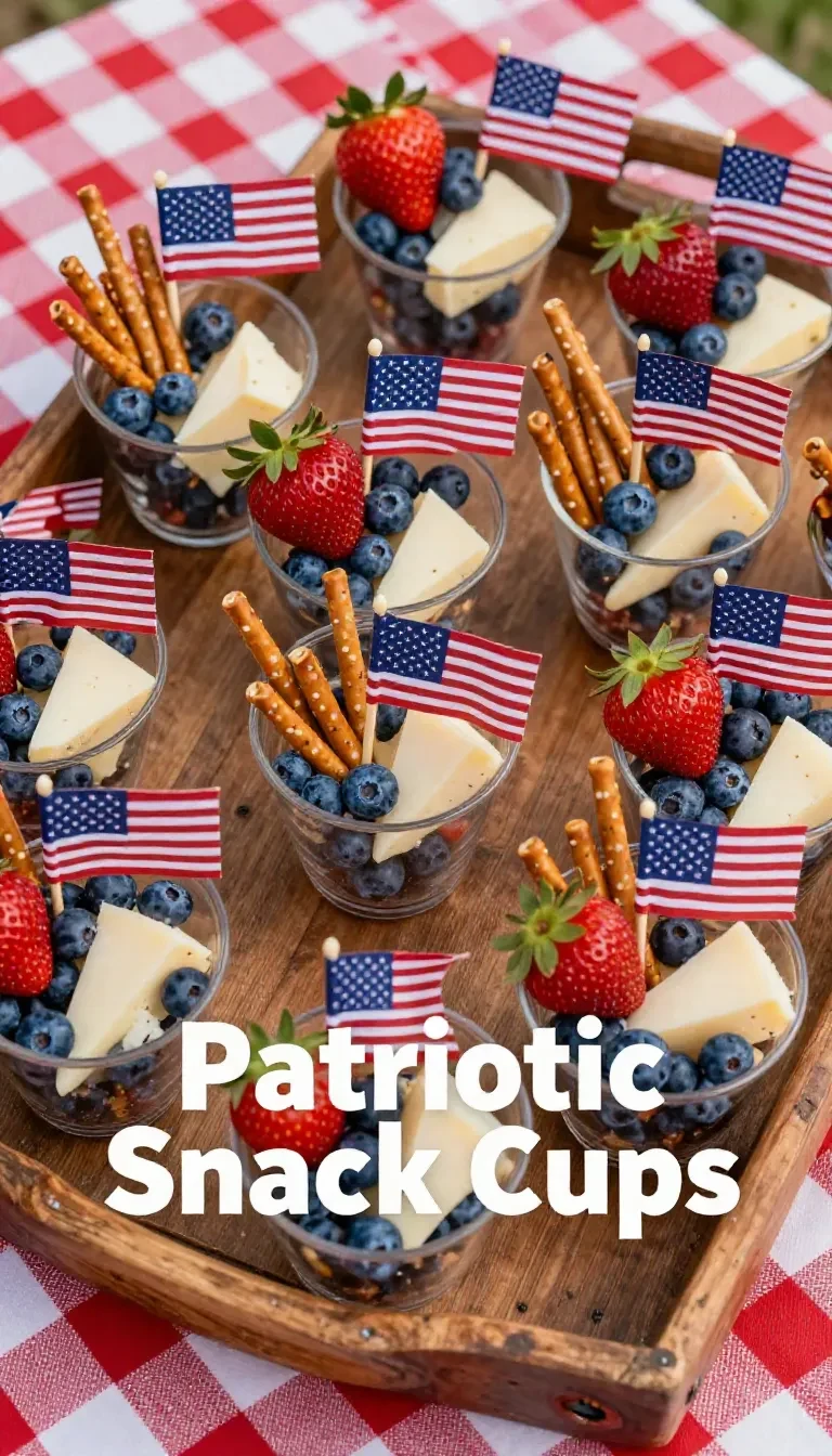 A festive spread of Fourth of July appetizer cups with red, white, and blue fruit toppings.